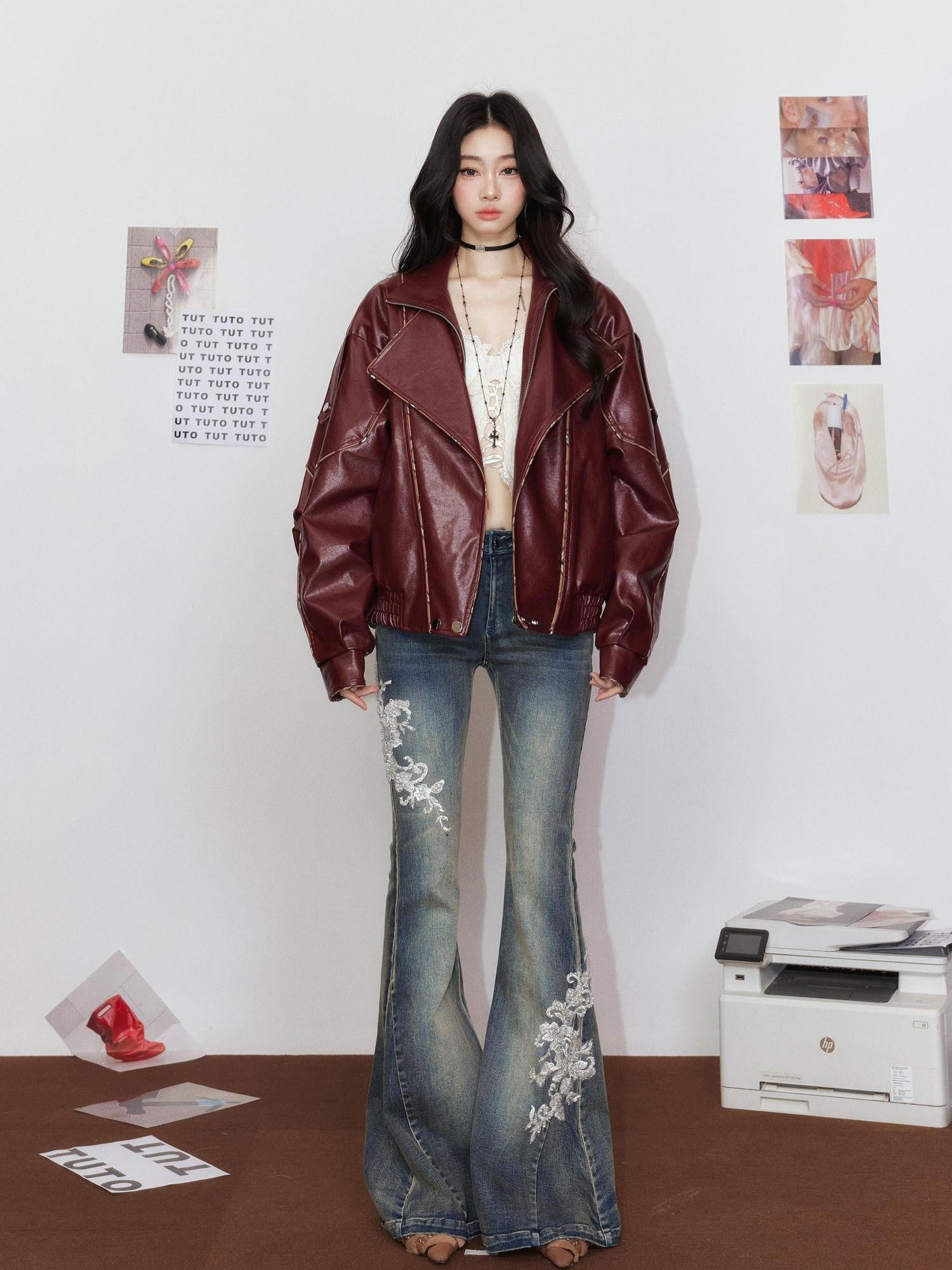 Tut tuto British Oversized Piped Lapel Biker Women's Pu Leather Jackets