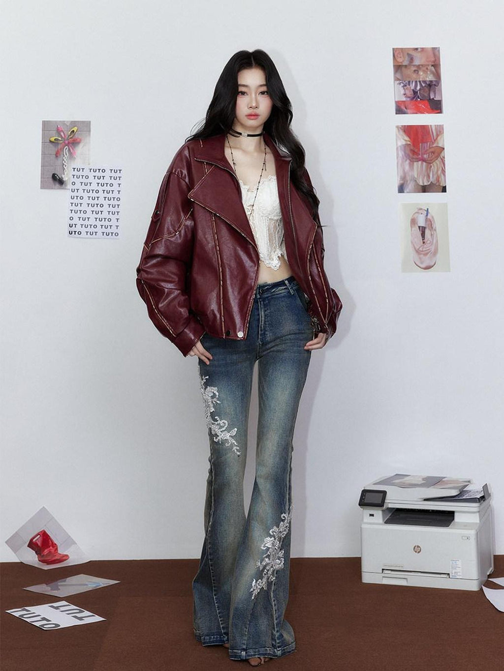 Tut tuto British Oversized Piped Lapel Biker Women's Pu Leather Jackets