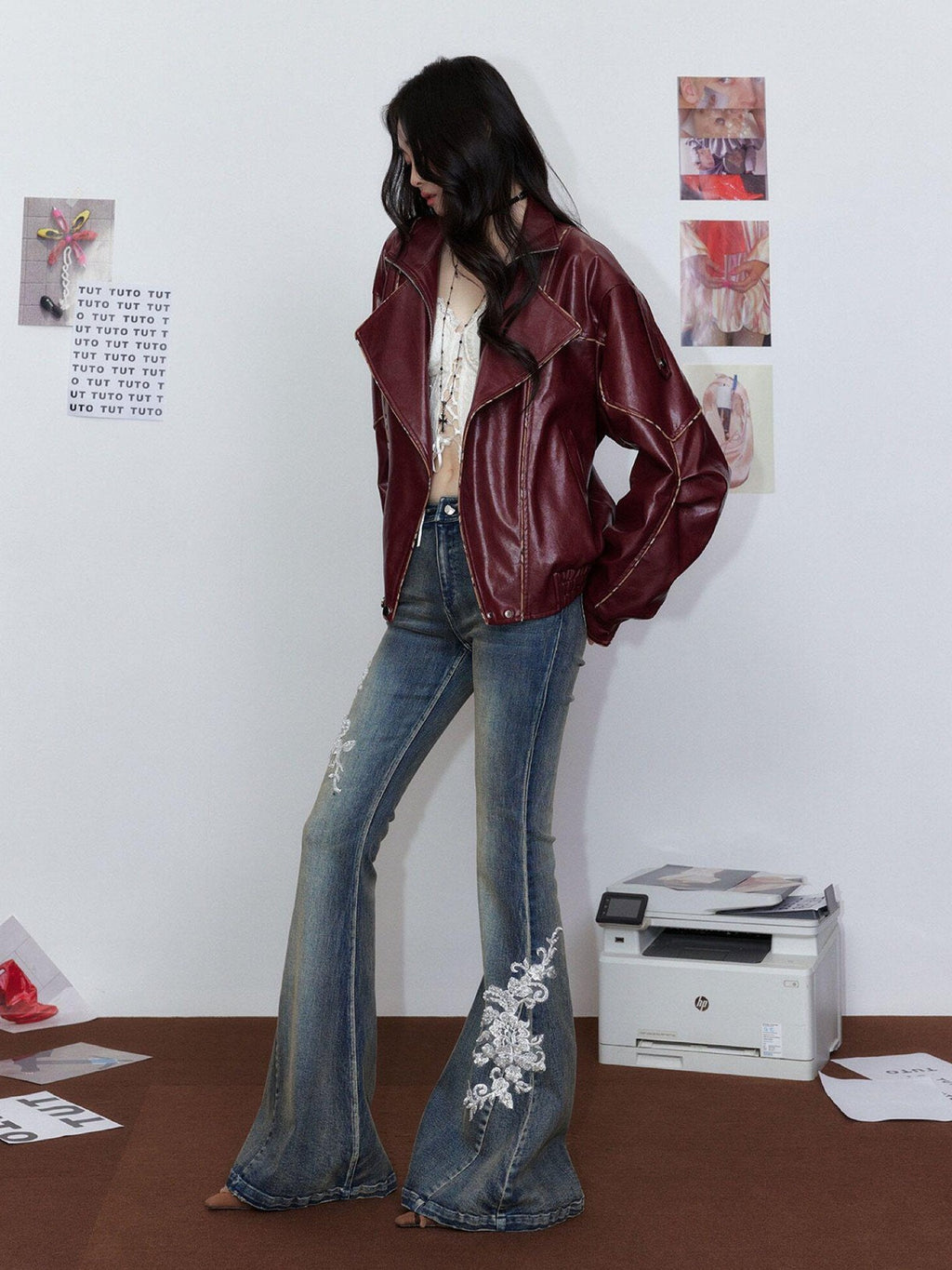 Tut tuto British Oversized Piped Lapel Biker Women's Pu Leather Jackets