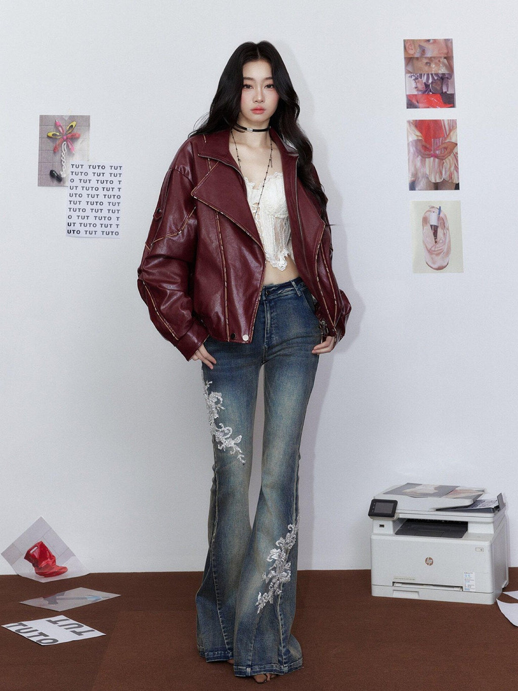 Tut tuto British Oversized Piped Lapel Biker Women's Pu Leather Jackets