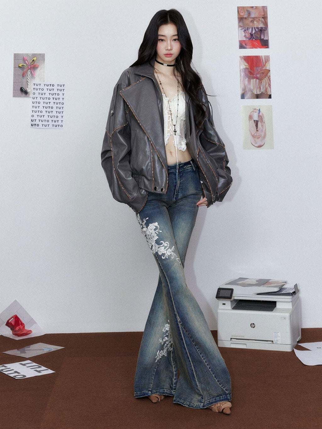 Tut tuto British Oversized Piped Lapel Biker Women's Pu Leather Jackets