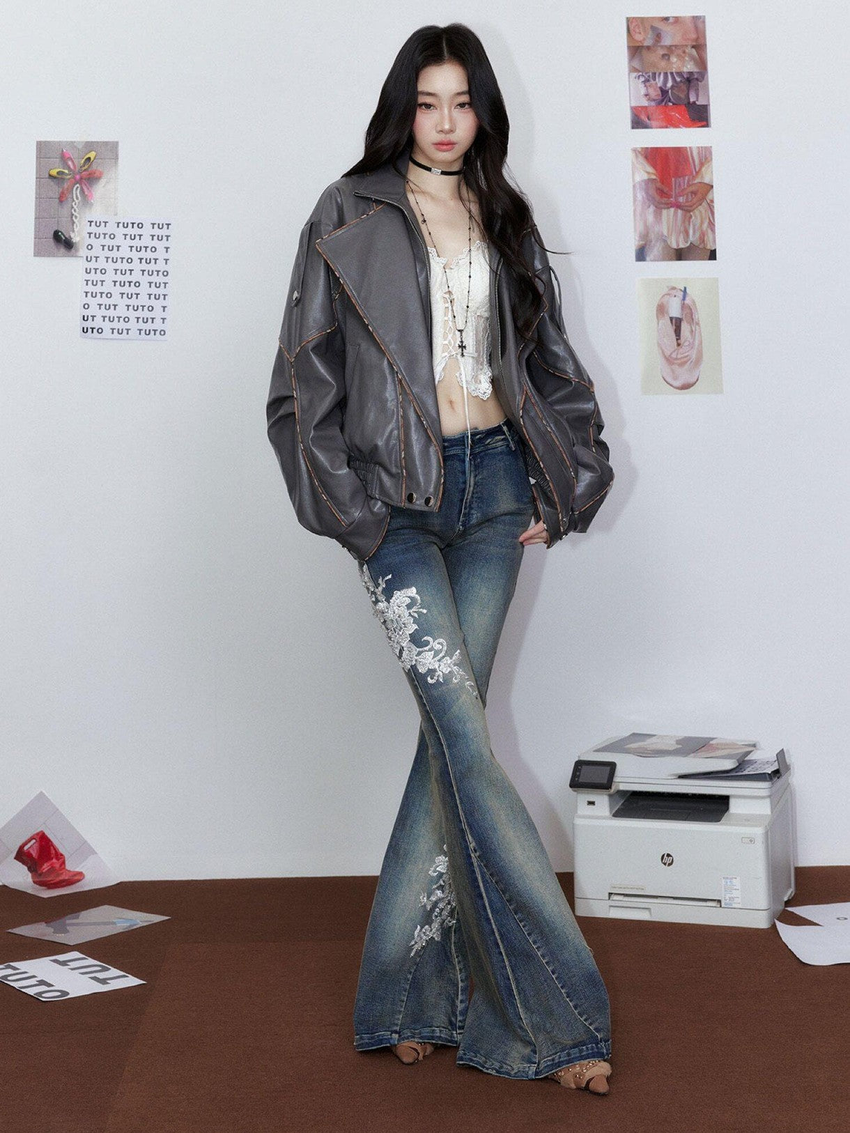 Tut tuto British Oversized Piped Lapel Biker Women's Pu Leather Jackets