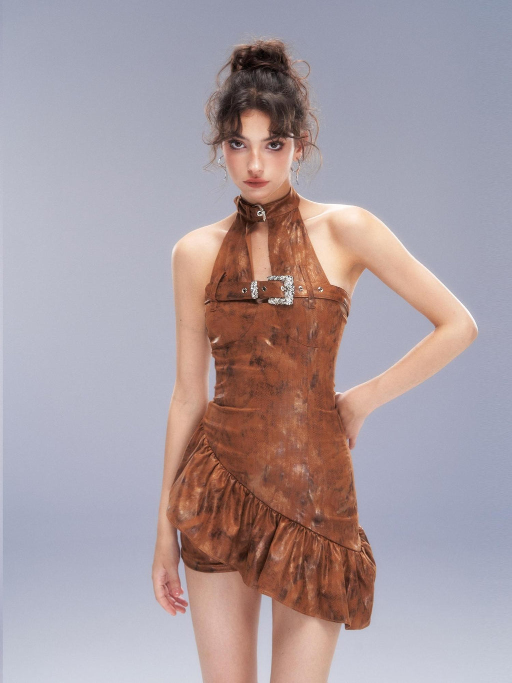 Tut tuto Brown Backless Zipper High Waist Slim Women's Halter Mini Dresses