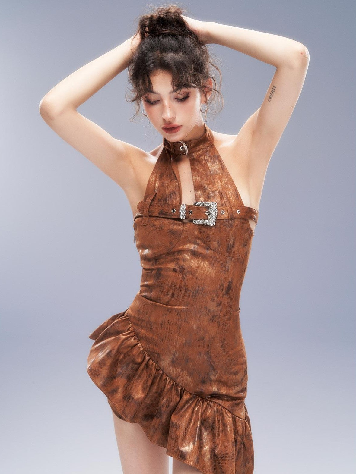 Tut tuto Brown Backless Zipper High Waist Slim Women's Halter Mini Dresses