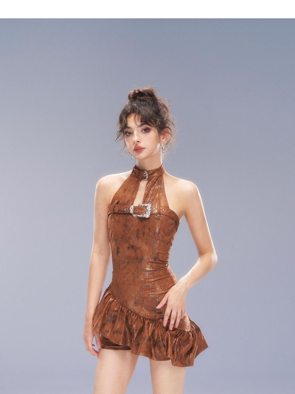 Tut tuto Brown Backless Zipper High Waist Slim Women's Halter Mini Dresses