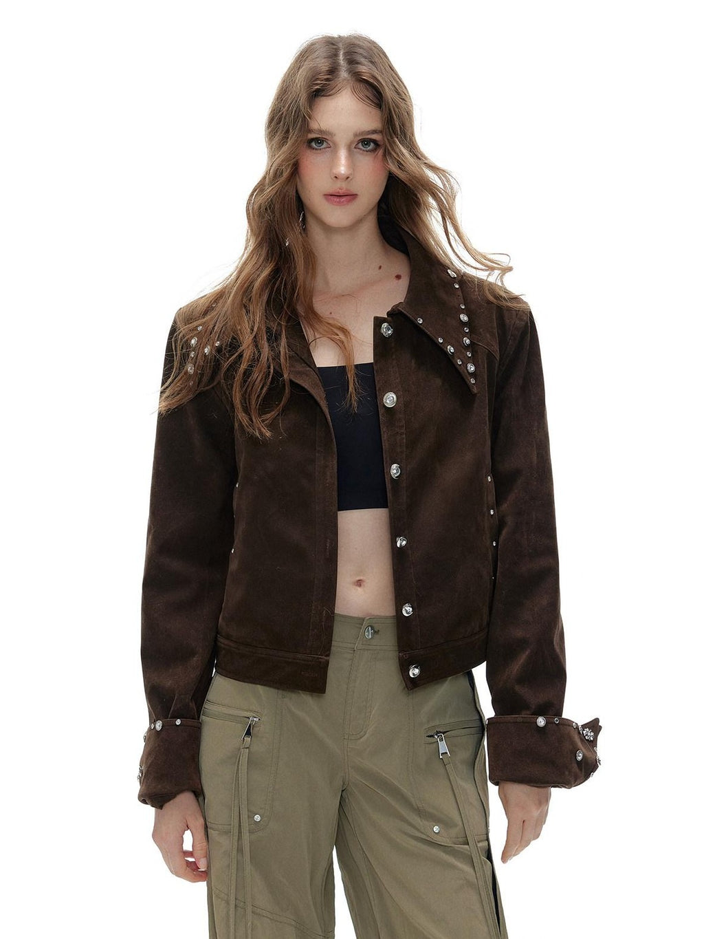 Tut tuto Brown Black Studded Cropped Knit Bodycon Women's Suede Casual Top & Shorts Sets