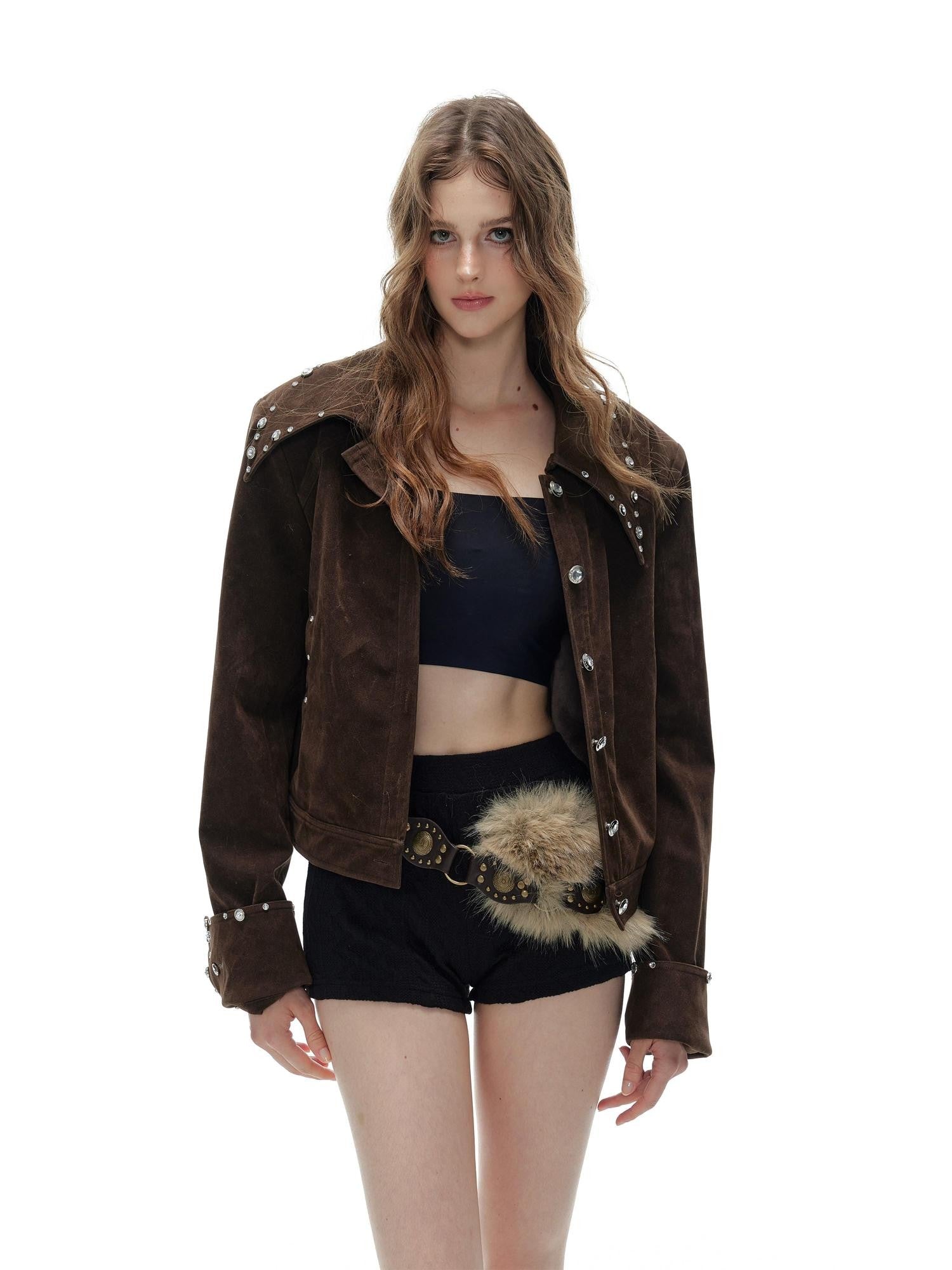 Tut tuto Brown Black Studded Cropped Knit Bodycon Women's Suede Casual Top & Shorts Sets