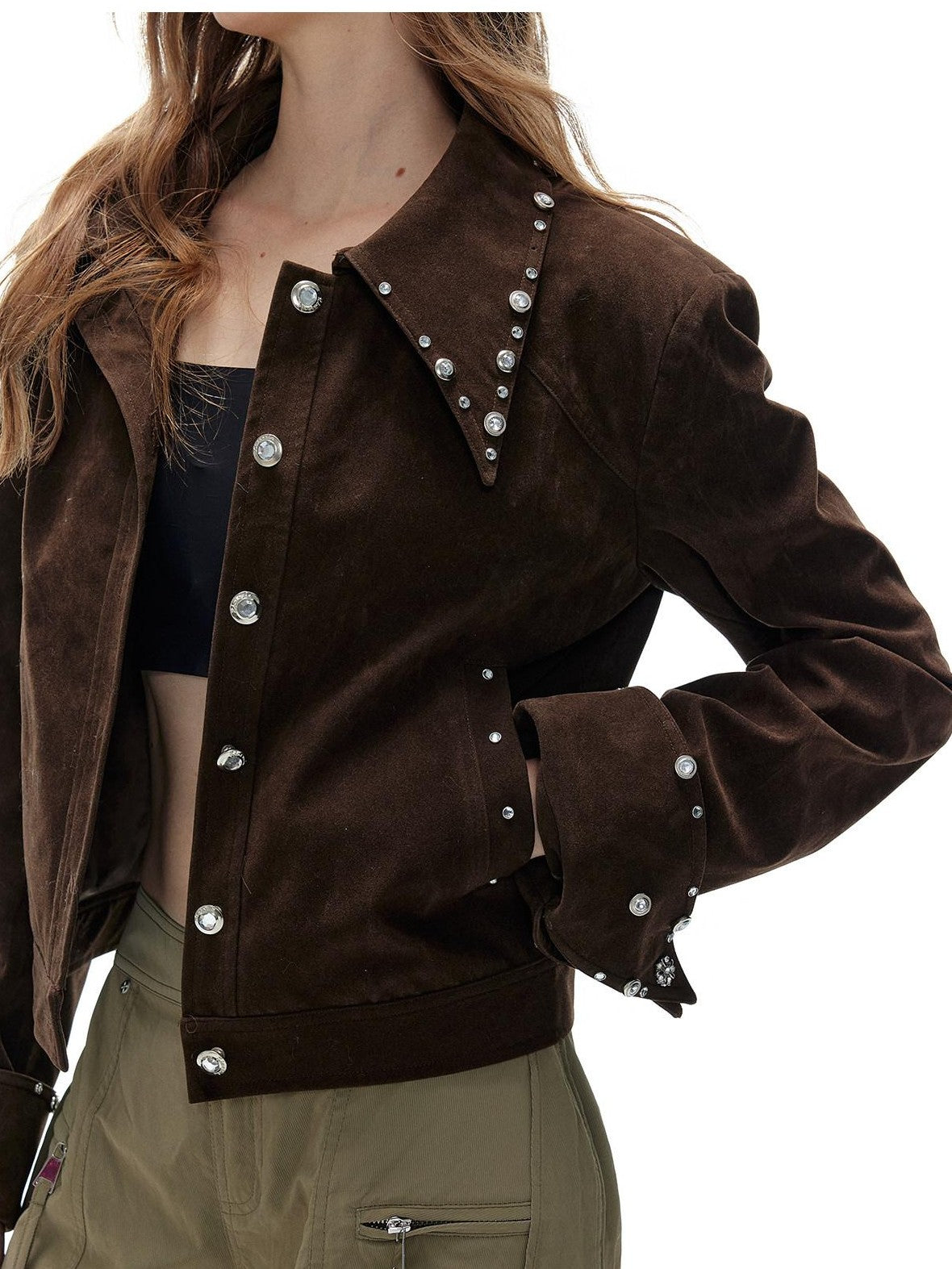 Tut tuto Brown Black Studded Cropped Knit Bodycon Women's Suede Casual Top & Shorts Sets