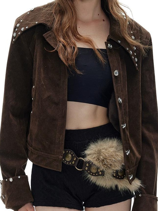 Tut tuto Brown Black Studded Cropped Knit Bodycon Women's Suede Casual Top & Shorts Sets