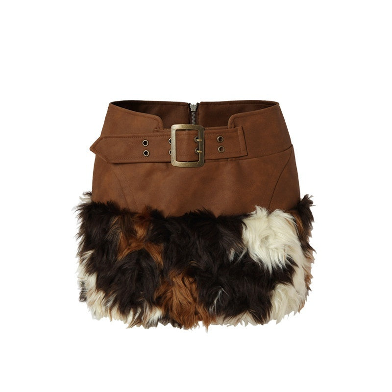 Tut_tuto_Brown_Cow_Print_Plush_Fur_Leather_Trim_Women's_Short_Jacket_Matching_Skirt_Sets_740441581049_MISSTT
