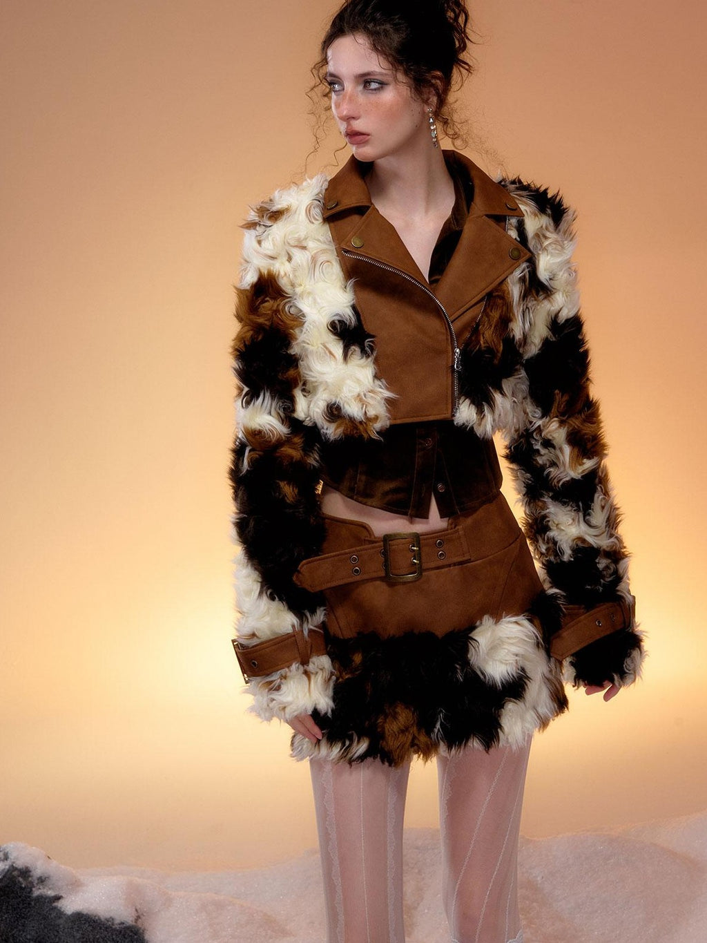 Tut tuto Brown Cow Print Plush Fur Leather Trim Women's Short Jacket Matching Skirt Sets