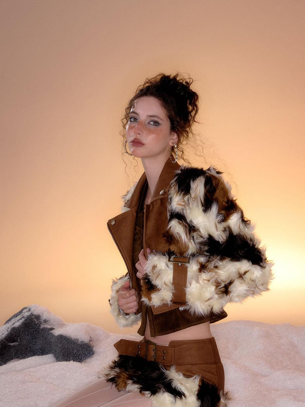 Tut tuto Brown Cow Print Plush Fur Leather Trim Women's Short Jacket Matching Skirt Sets