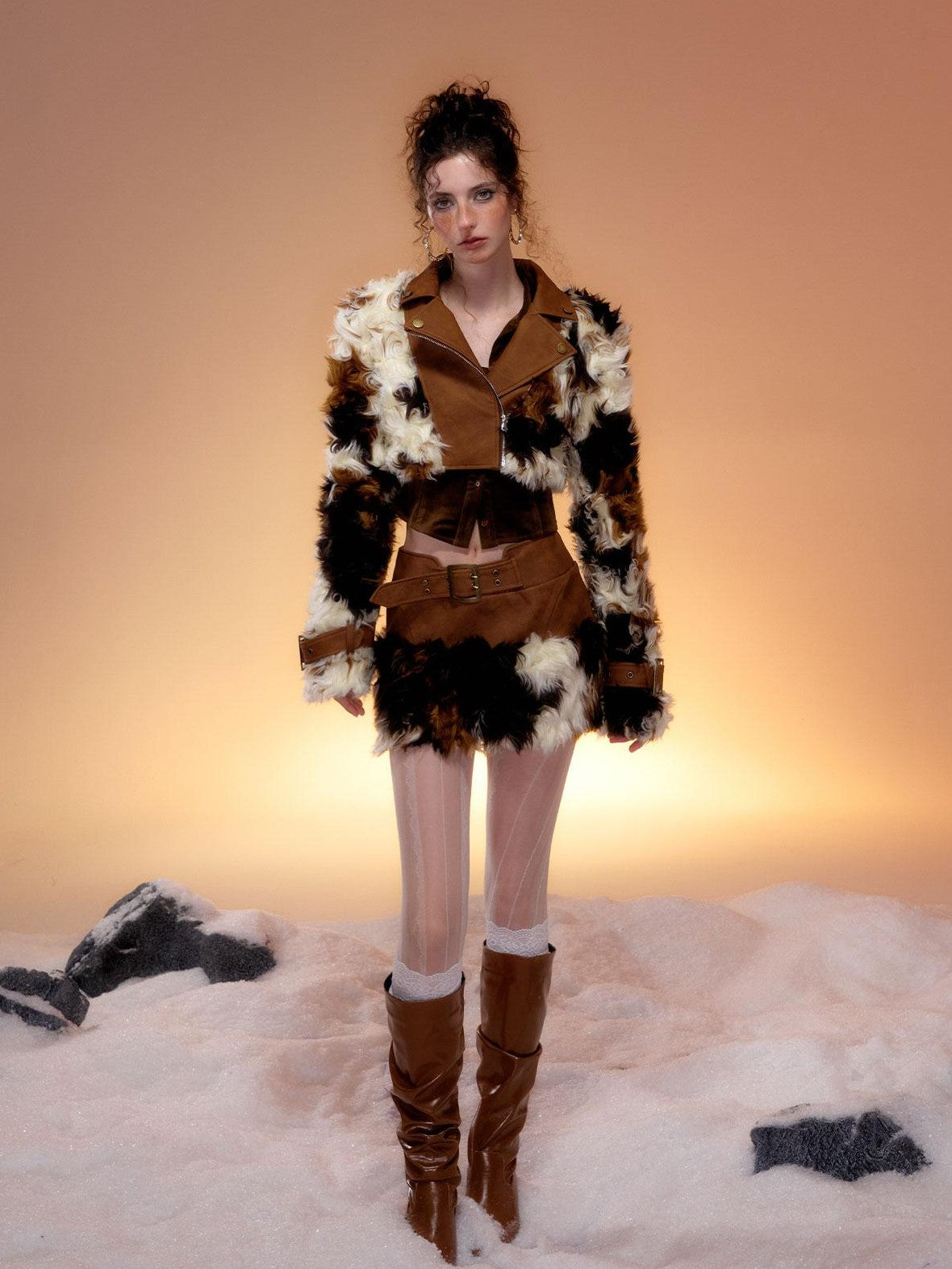 Tut tuto Brown Cow Print Plush Fur Leather Trim Women's Short Jacket Matching Skirt Sets