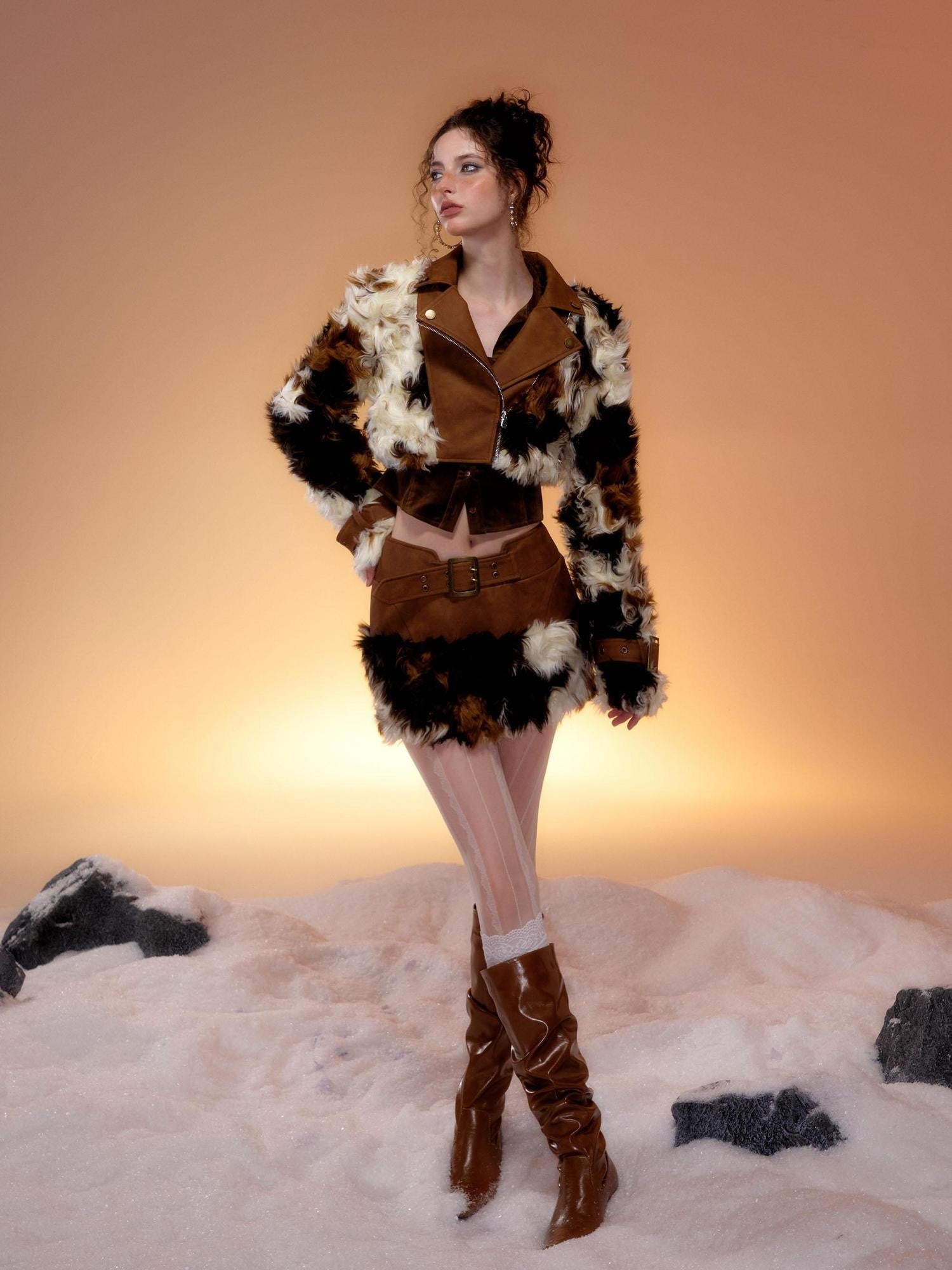 Tut tuto Brown Cow Print Plush Fur Leather Trim Women's Short Jacket Matching Skirt Sets
