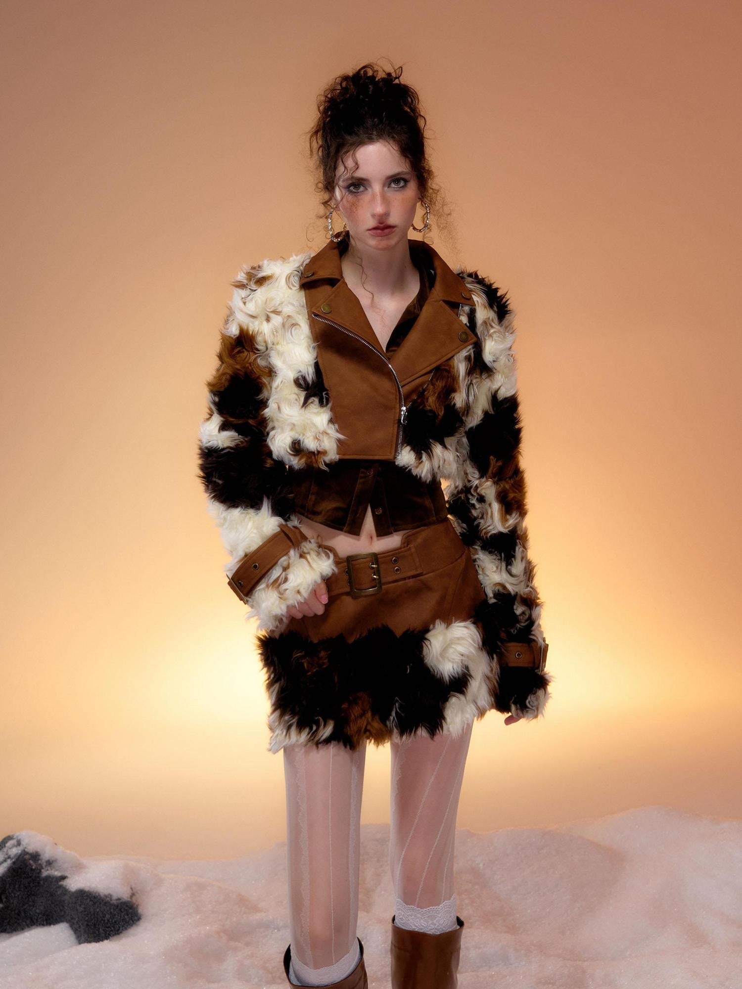 Tut tuto Brown Cow Print Plush Fur Leather Trim Women's Short Jacket Matching Skirt Sets