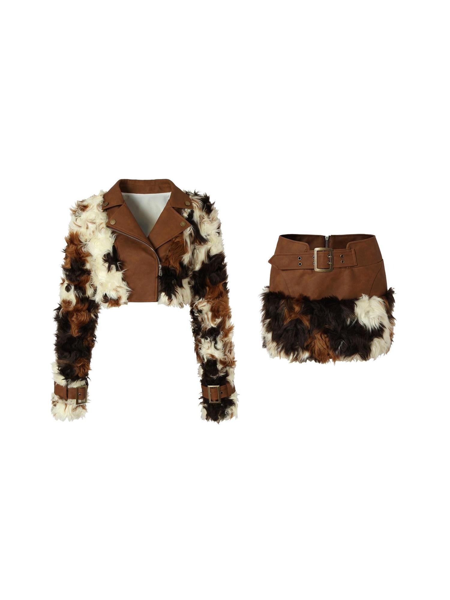 Tut tuto Brown Cow Print Plush Fur Leather Trim Women's Short Jacket Matching Skirt Sets