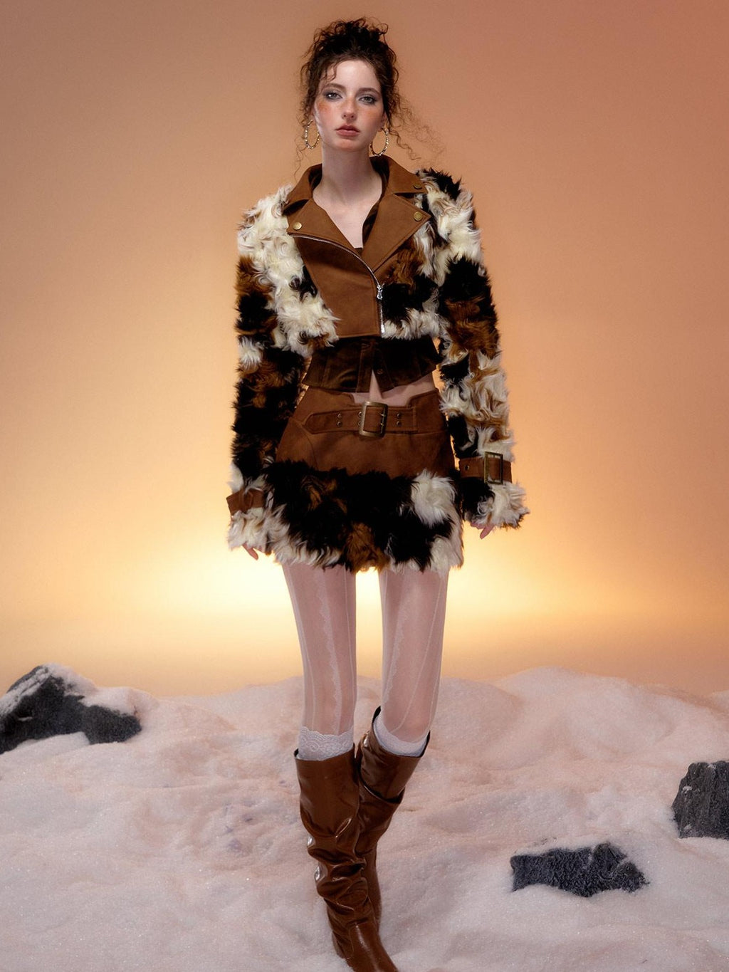 Tut tuto Brown Cow Print Plush Fur Leather Trim Women's Short Jacket Matching Skirt Sets