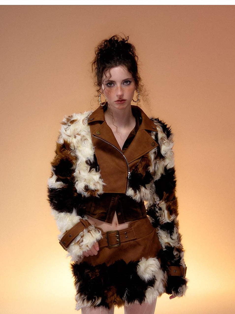 Tut tuto Brown Cow Print Plush Fur Leather Trim Women's Short Jacket Matching Skirt Sets