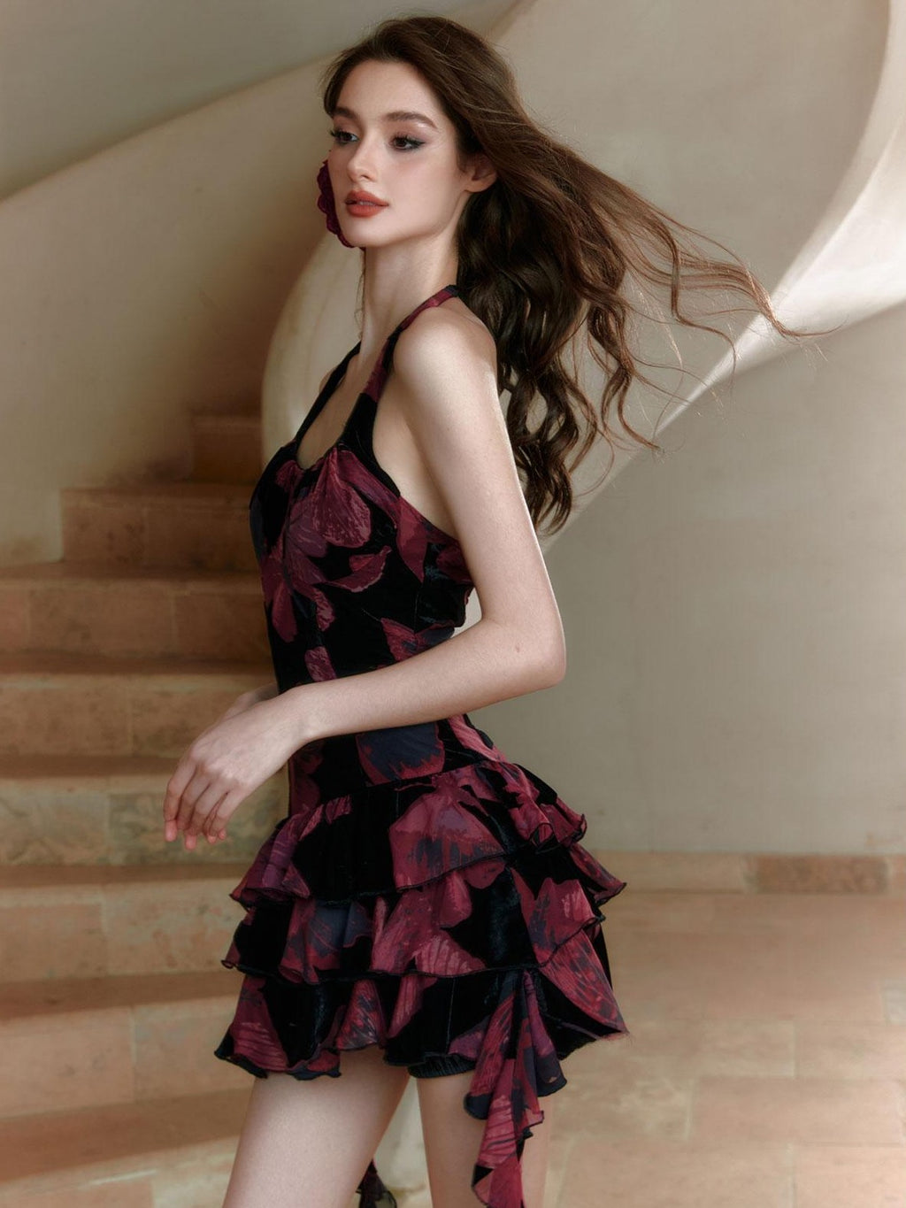 Tut tuto Butterfly Print Cinched Waist Patchwork Women's Polyester Halter Mini Dresses