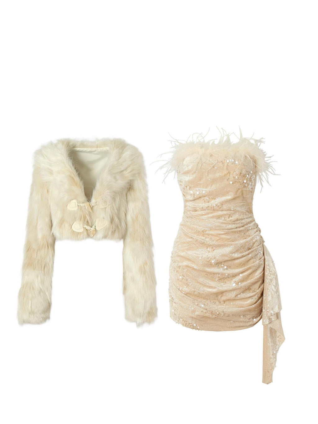 Tut tuto Champagne Rose Sequin Velvet Faux Fur Vintage Women's Matching Skirt Sets