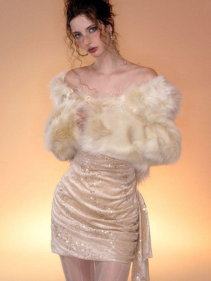 Tut tuto Champagne Rose Sequin Velvet Faux Fur Vintage Women's Matching Skirt Sets