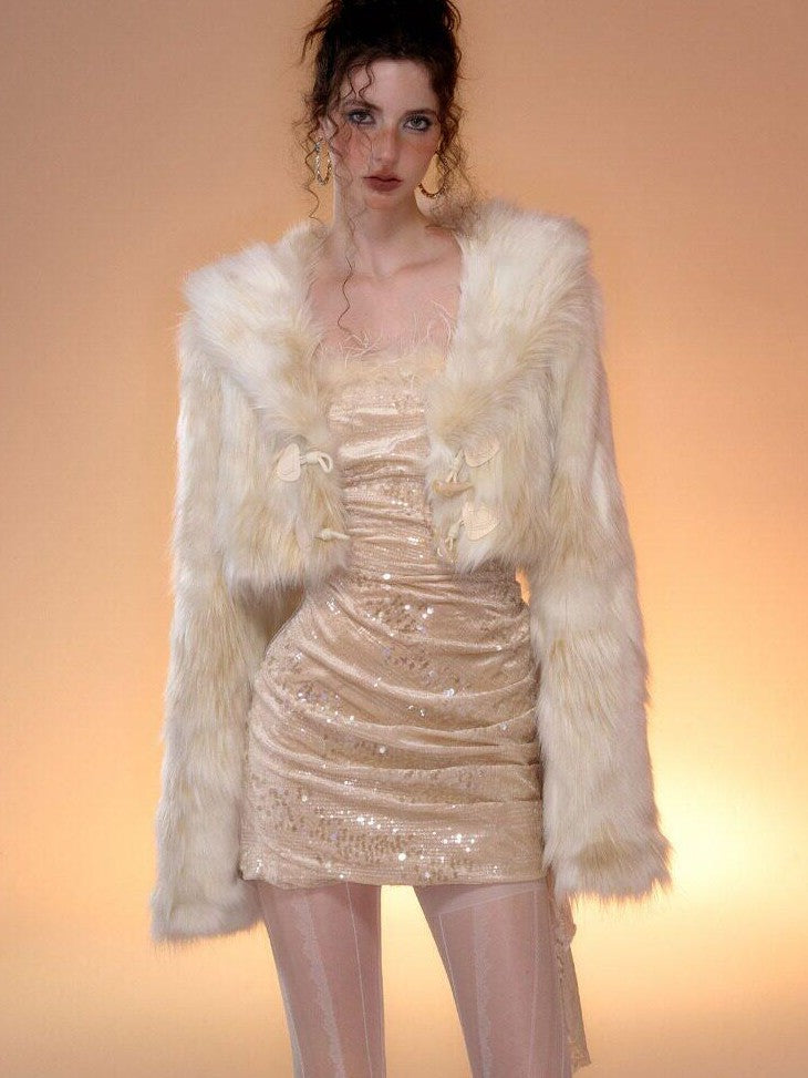 Tut tuto Champagne Rose Sequin Velvet Faux Fur Vintage Women's Matching Skirt Sets