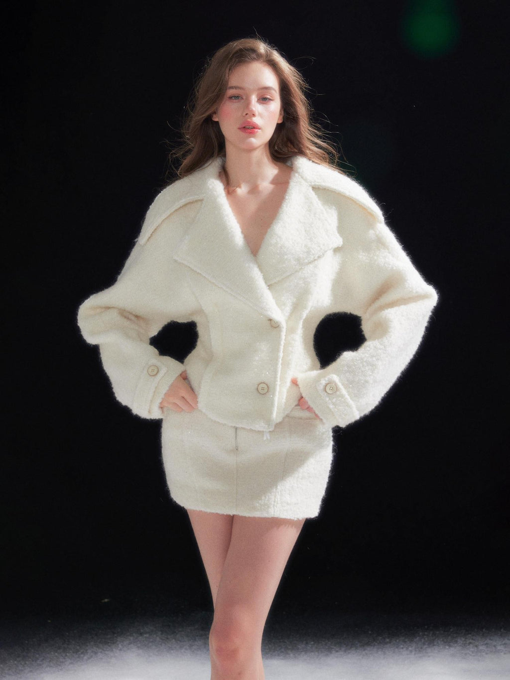 Tut tuto Circle Trim Retro Lapel Cinched Waist Women's Wool Knit Matching Skirt Sets