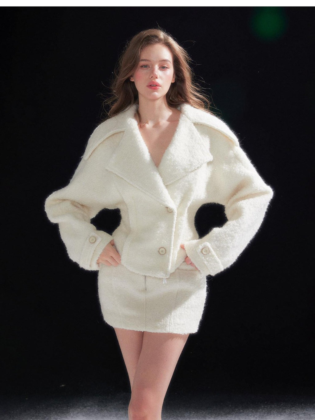 Tut tuto Circle Trim Retro Lapel Cinched Waist Women's Wool Knit Matching Skirt Sets