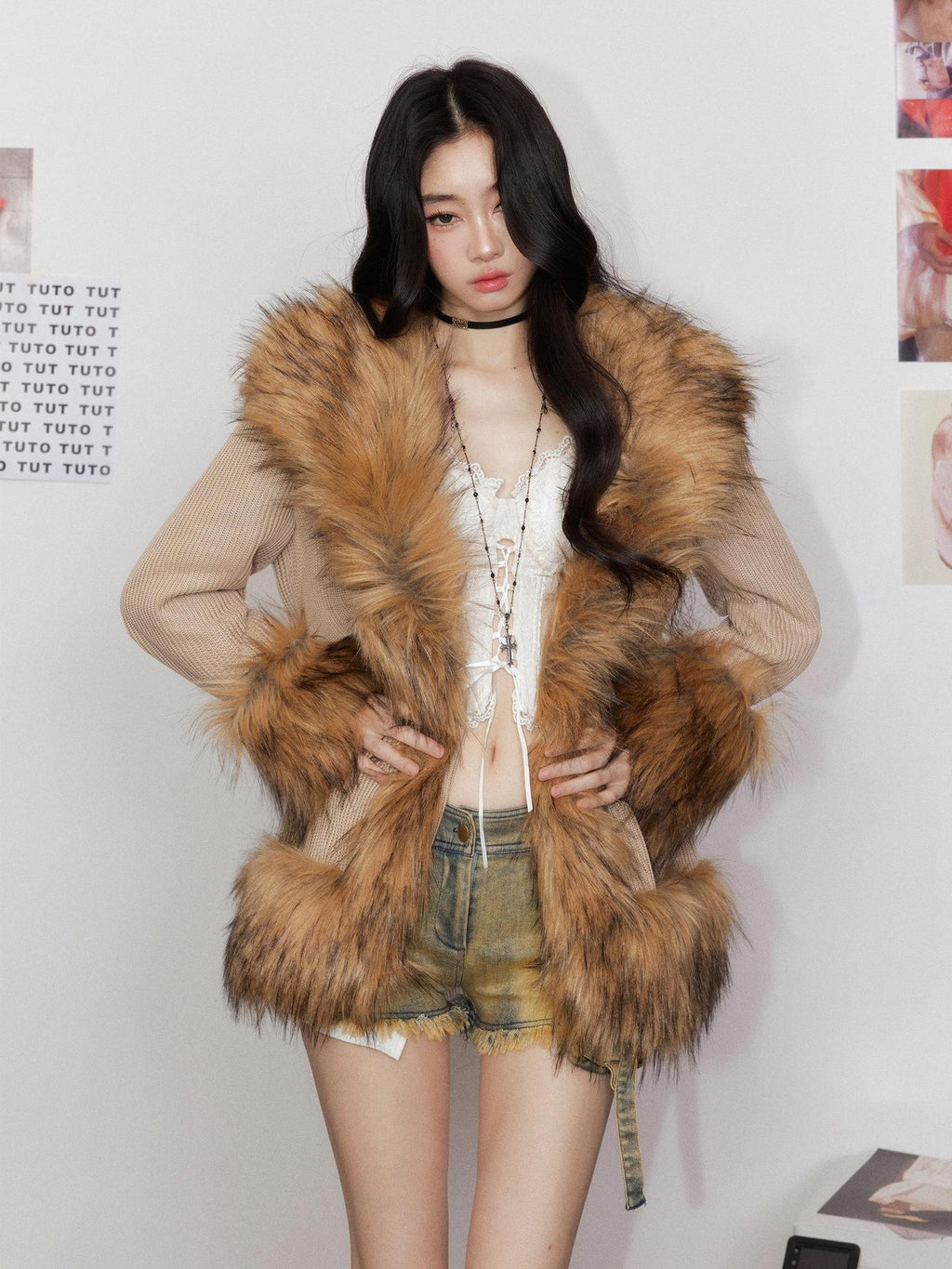 Tut tuto Clean Fit Relaxed Waist Cinched Knit Women's Thick Warm Faux Fur Coats