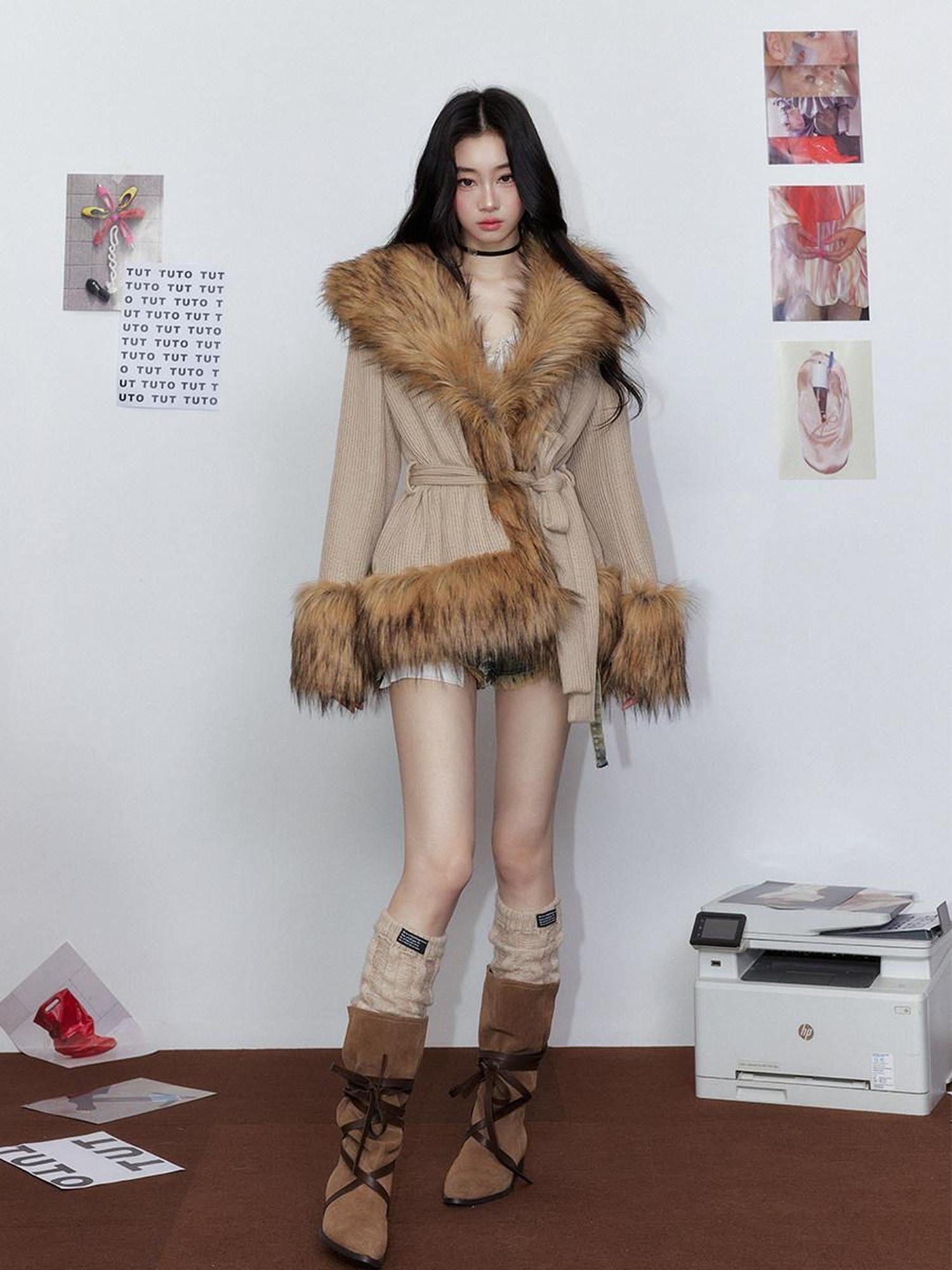 Tut tuto Clean Fit Relaxed Waist Cinched Knit Women's Thick Warm Faux Fur Coats