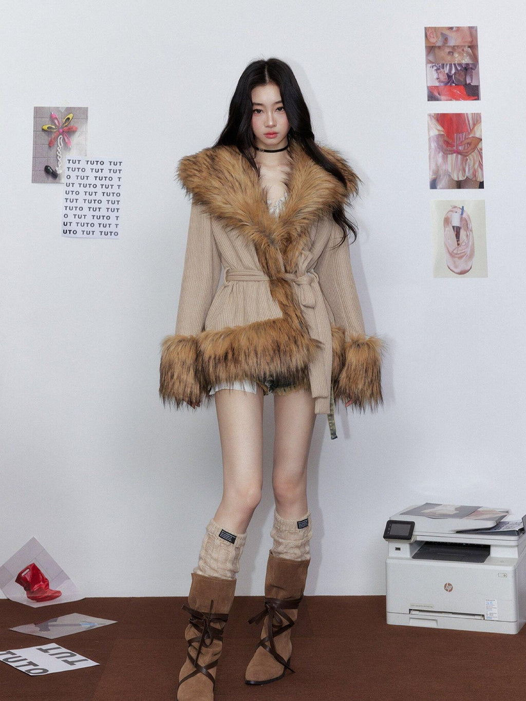 Tut tuto Clean Fit Relaxed Waist Cinched Knit Women's Thick Warm Faux Fur Coats