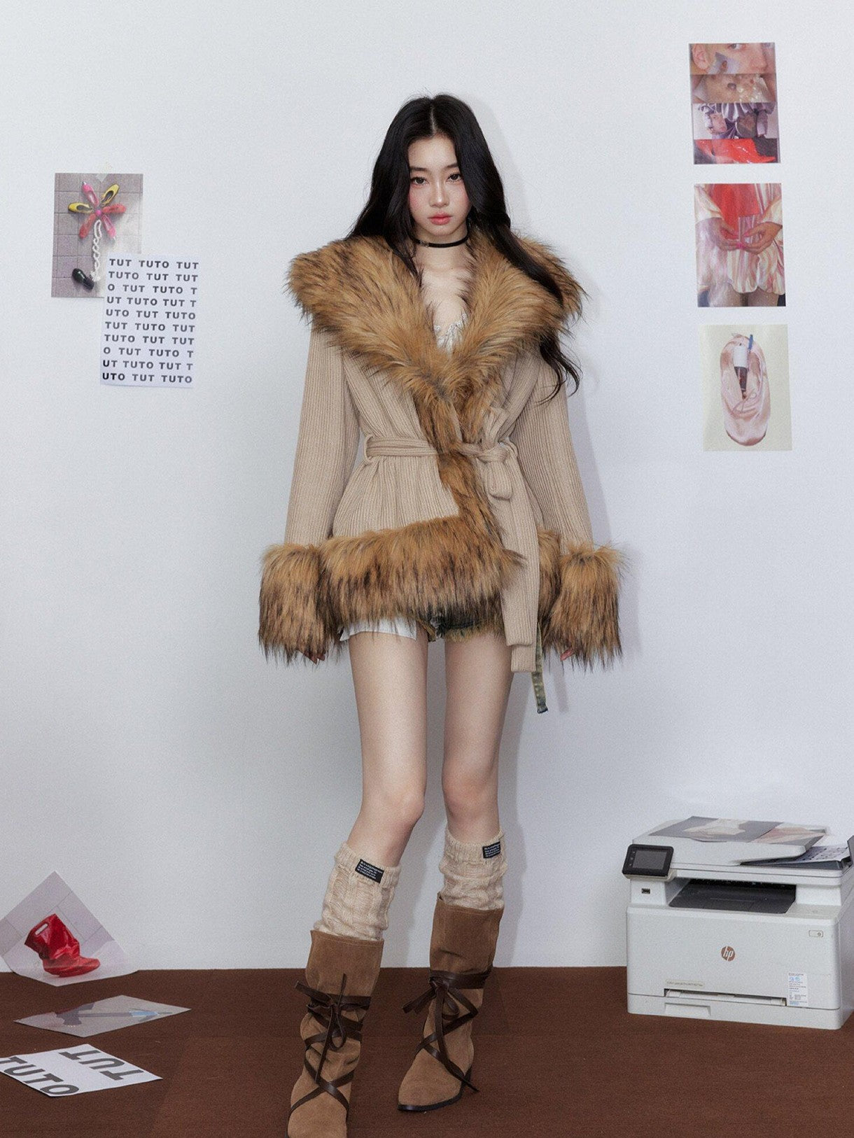 Tut tuto Clean Fit Relaxed Waist Cinched Knit Women's Thick Warm Faux Fur Coats