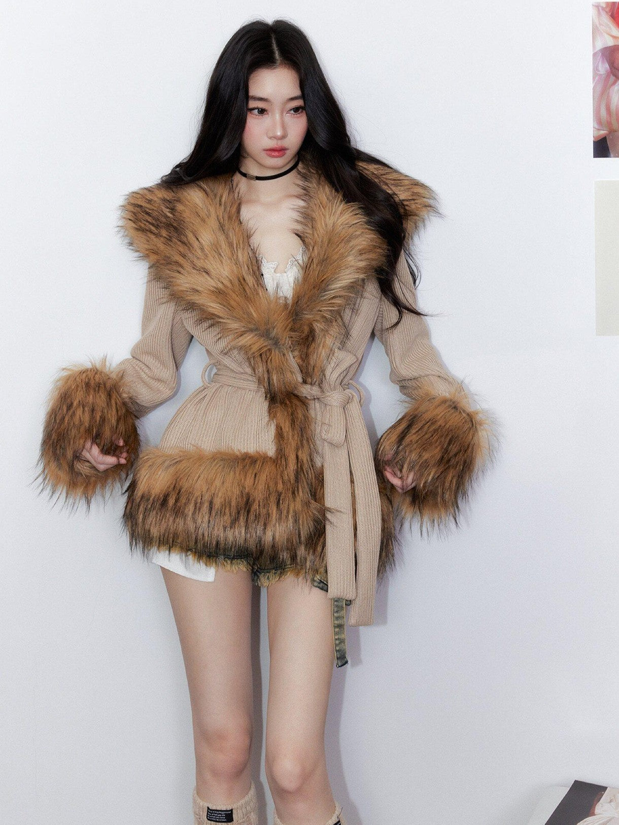Tut tuto Clean Fit Relaxed Waist Cinched Knit Women's Thick Warm Faux Fur Coats