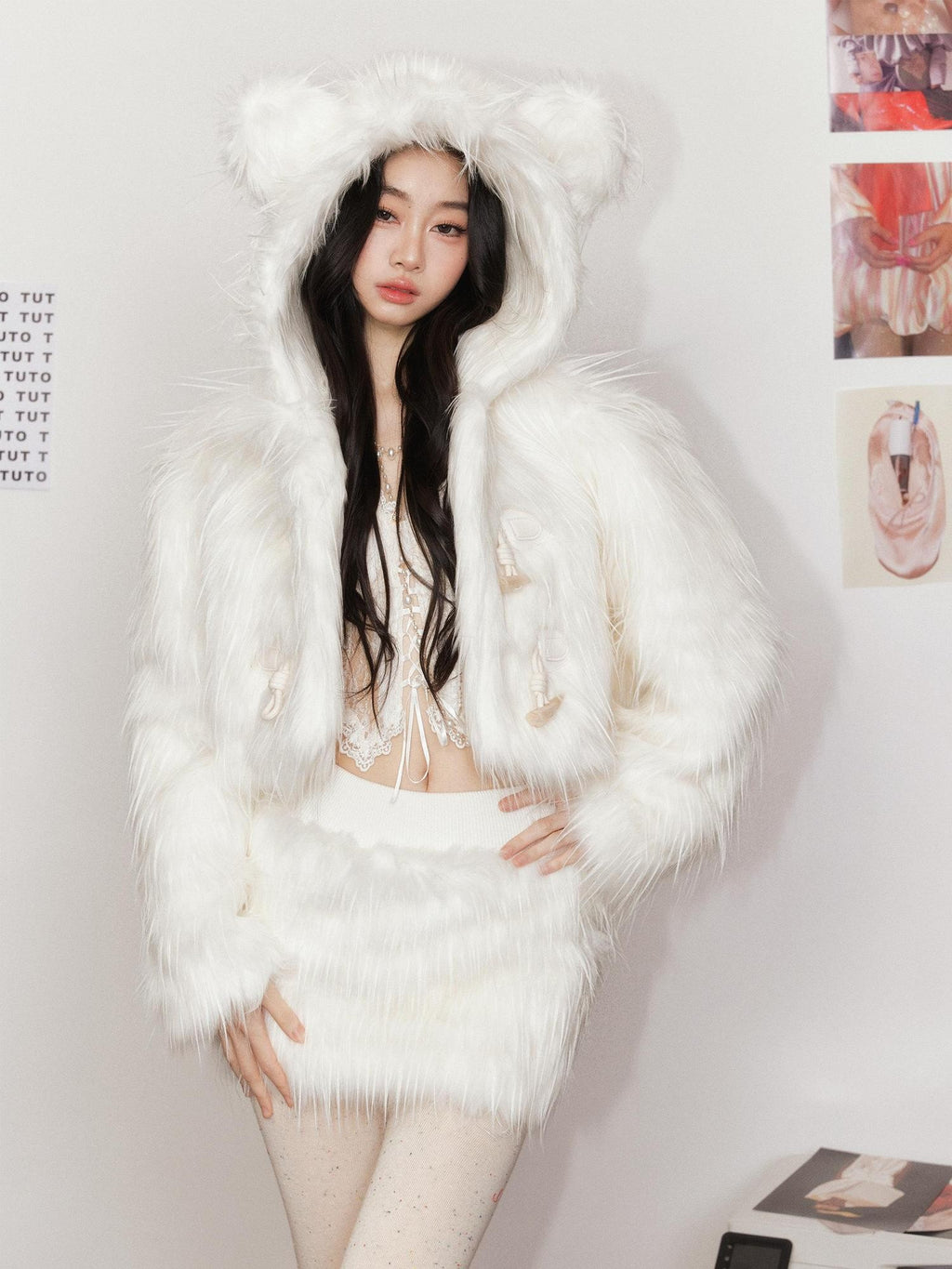 Tut tuto Cloud White Bear Hooded Fluffy Women's Plush Cozy Faux Fur Coats