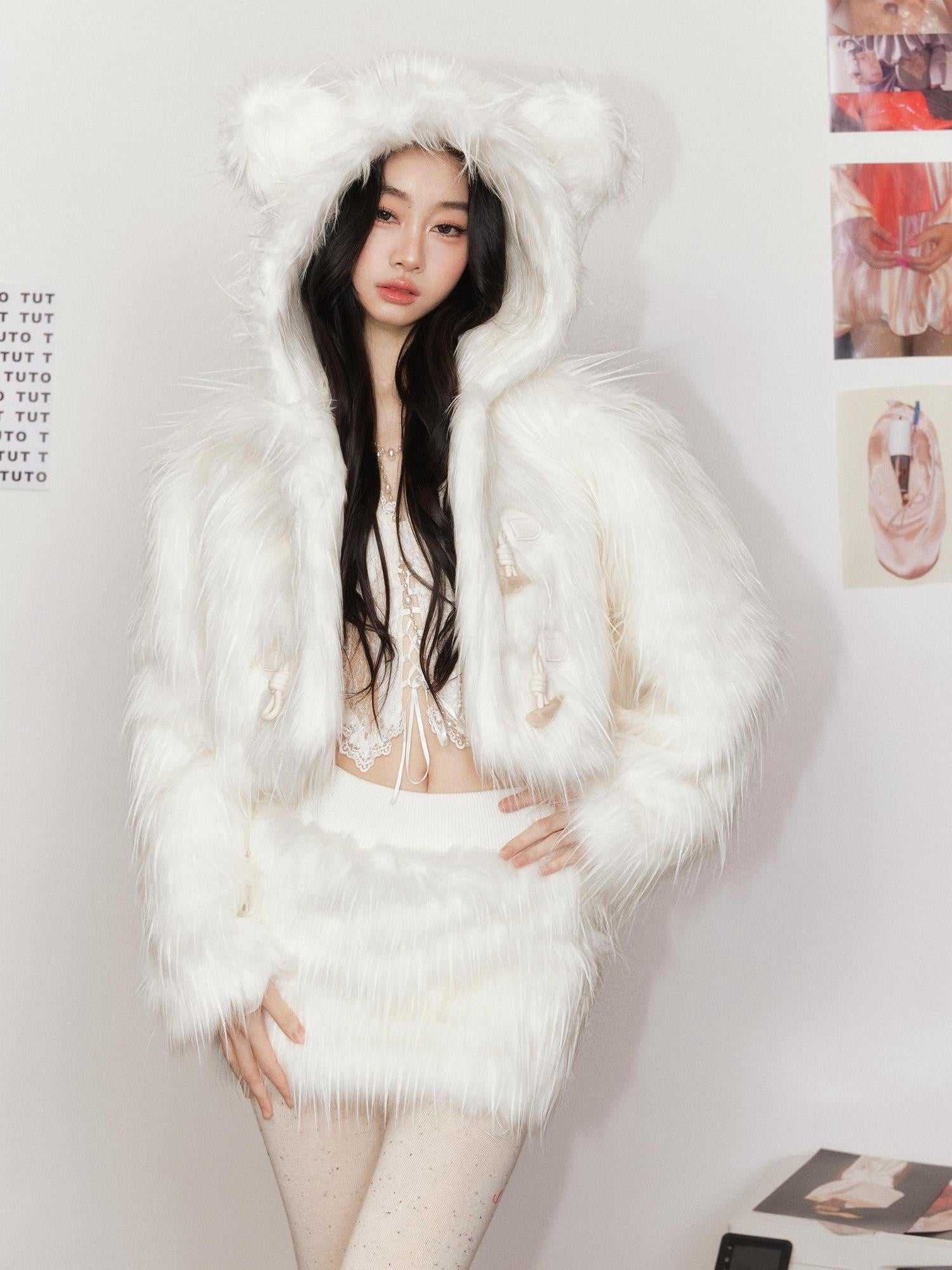 Tut tuto Cloud White Bear Hooded Fluffy Women's Plush Cozy Faux Fur Coats