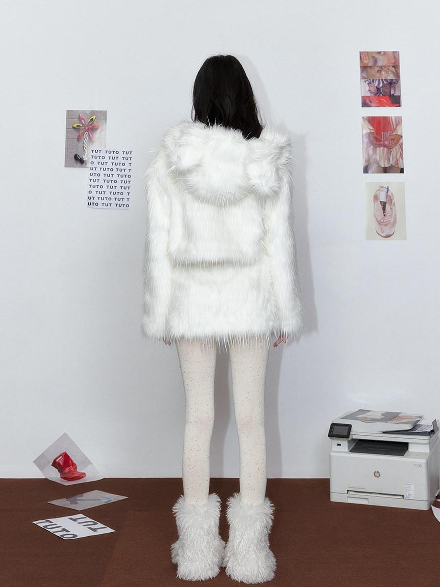 Tut tuto Cloud White Bear Hooded Fluffy Women's Plush Cozy Faux Fur Coats