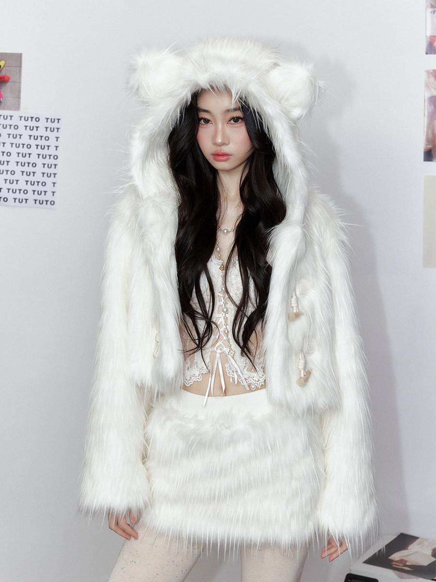 Tut tuto Cloud White Bear Hooded Fluffy Women's Plush Cozy Faux Fur Coats