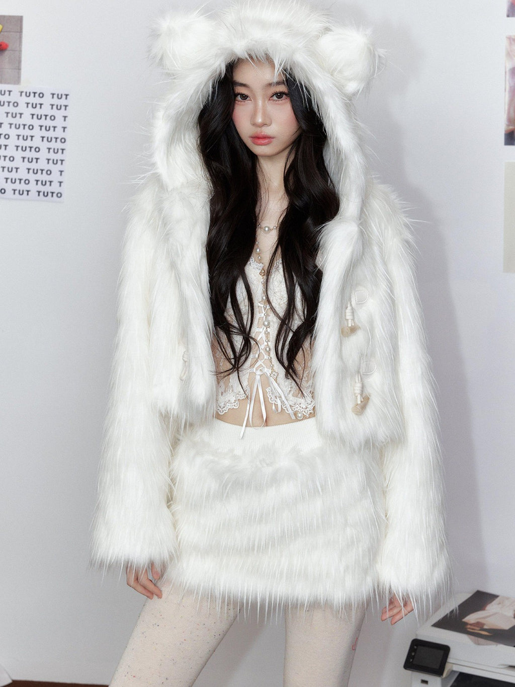 Tut tuto Cloud White Bear Hooded Fluffy Women's Plush Cozy Faux Fur Coats
