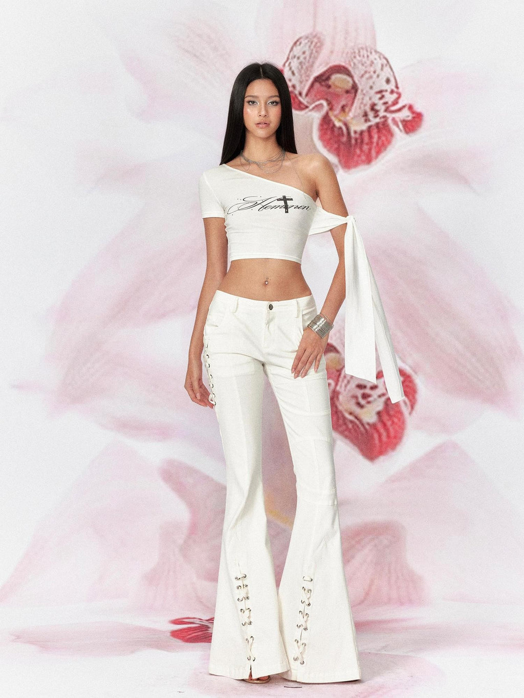 Tut tuto Cropped Cross Print Rhinestone Tie Shoulder Women's Cotton Asymmetric T-shirts