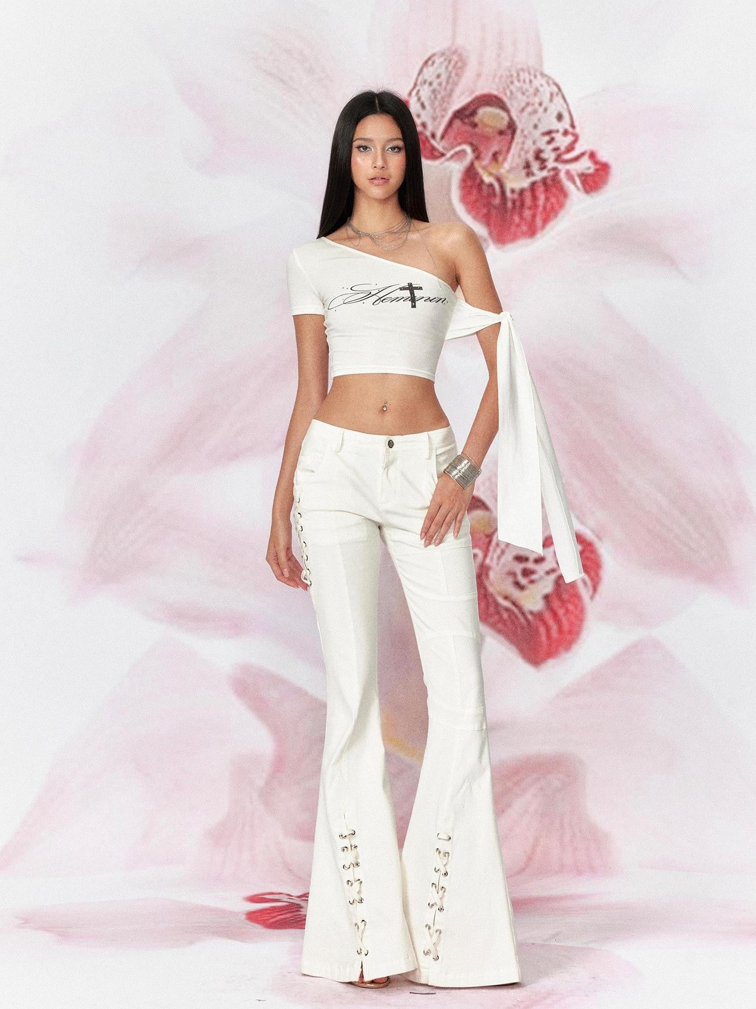 Tut tuto Cropped Cross Print Rhinestone Tie Shoulder Women's Cotton Asymmetric T-shirts