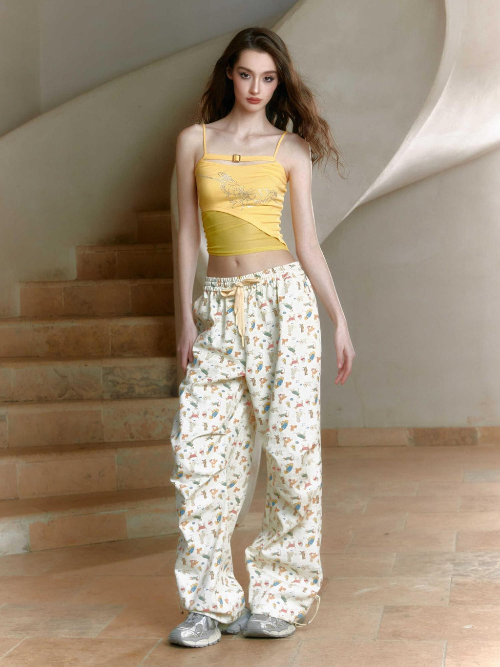 Tut tuto Cute Cartoon Animal Low Waist Simple Retro Women's Cotton Wide-leg Pants