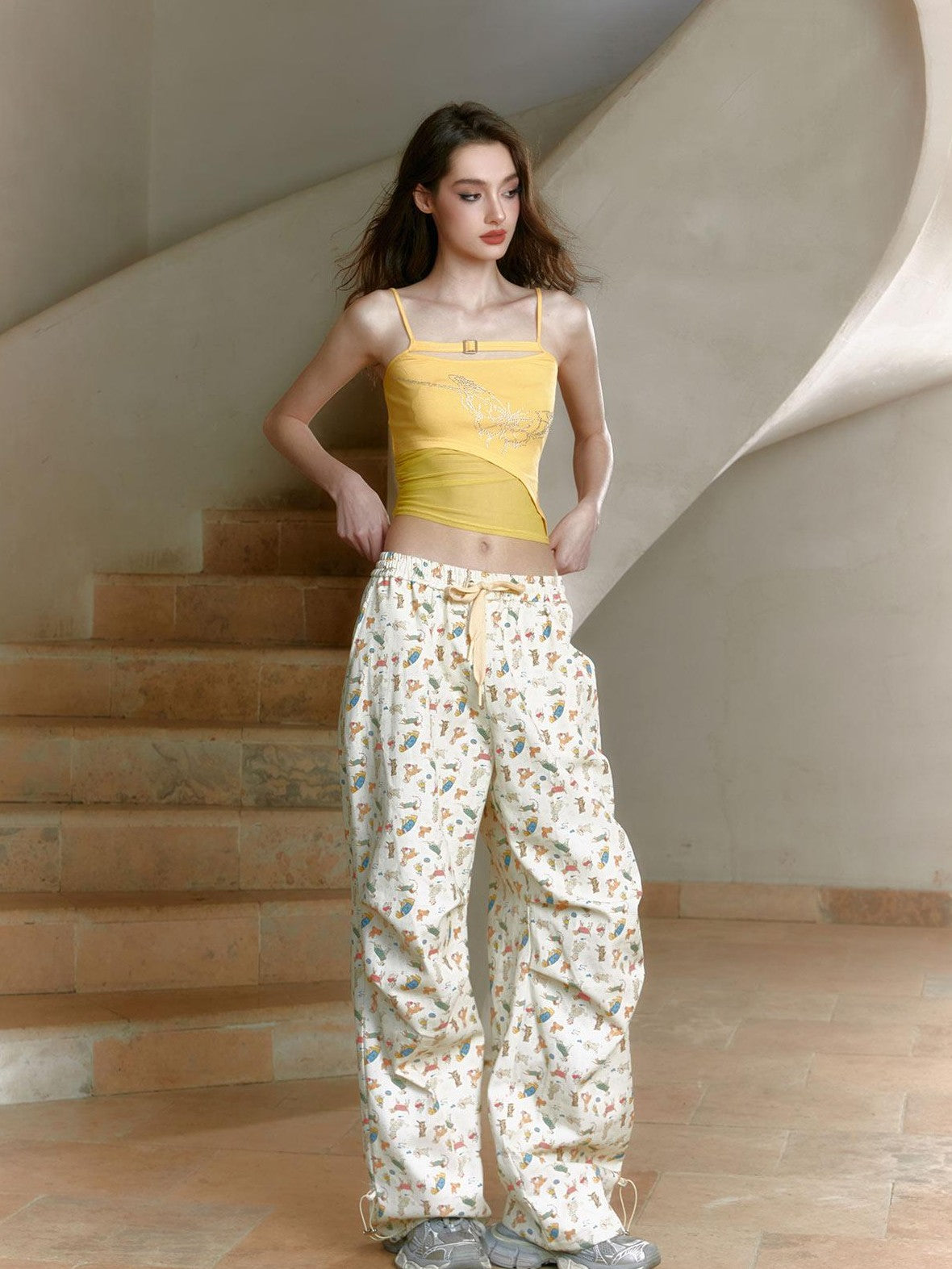 Tut tuto Cute Cartoon Animal Low Waist Simple Retro Women's Cotton Wide-leg Pants