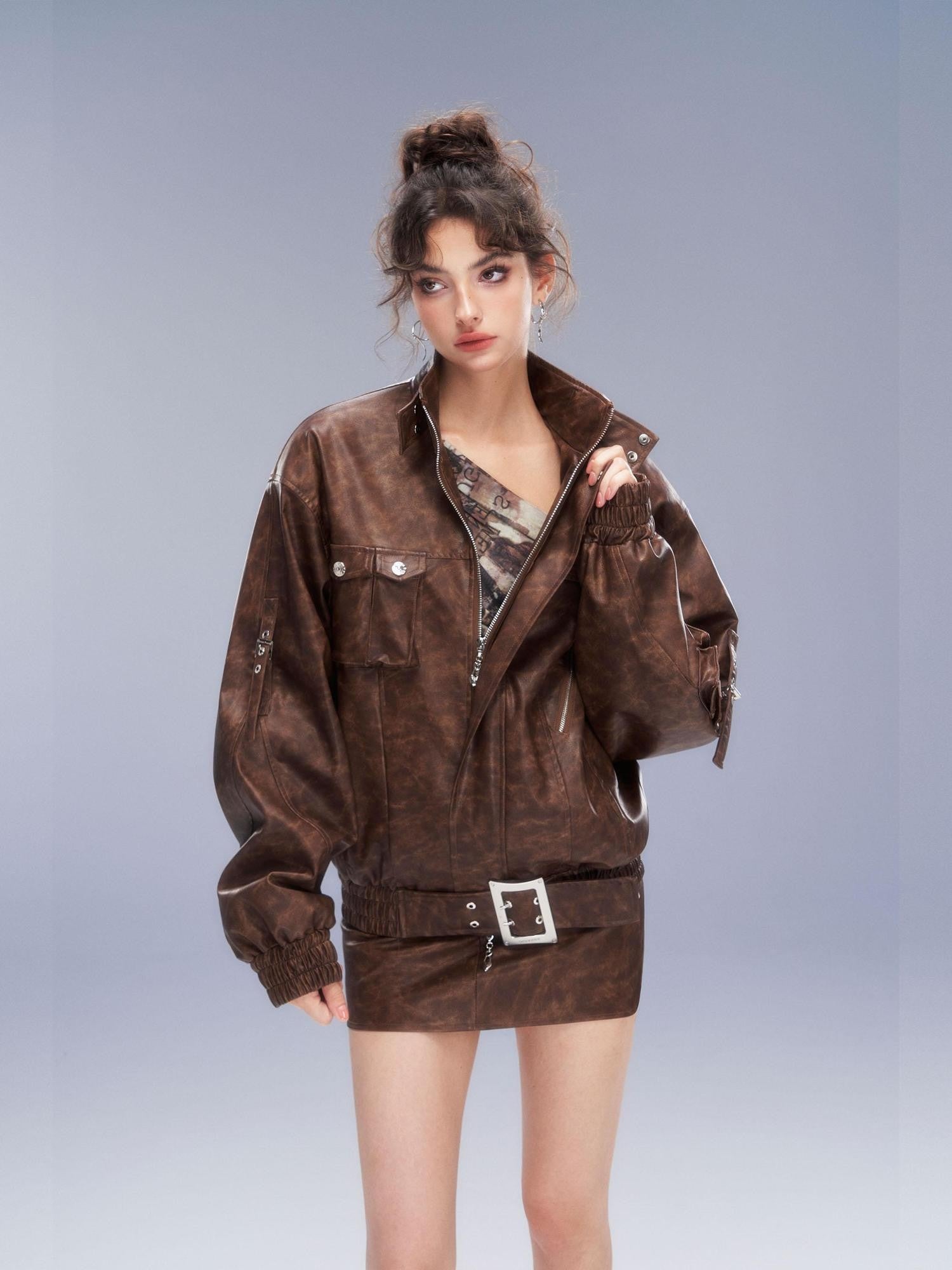 Tut tuto Distressed Pocket Biker Jacket Women's Pu Hip Hugging Matching Skirt Sets