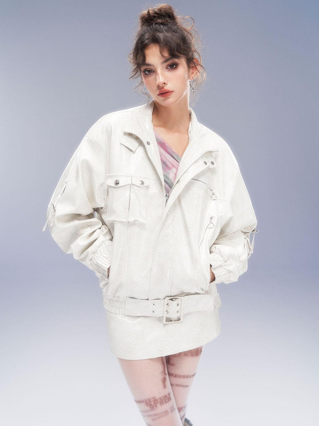 Tut tuto Distressed Pocket Biker Jacket Women's Pu Hip Hugging Matching Skirt Sets