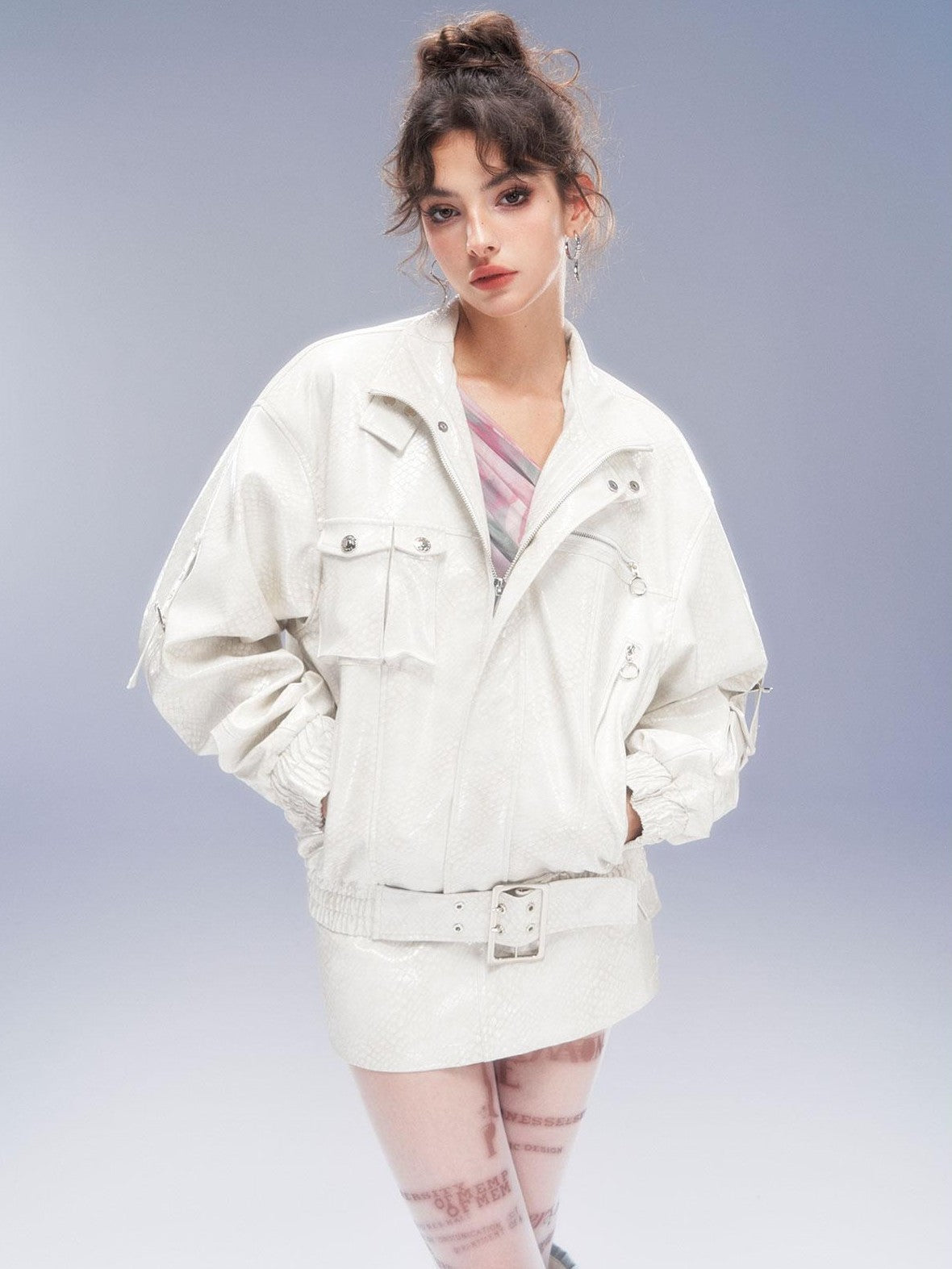 Tut tuto Distressed Pocket Biker Jacket Women's Pu Hip Hugging Matching Skirt Sets