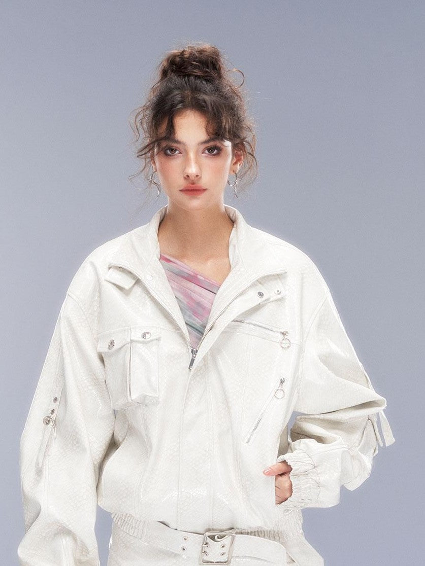 Tut tuto Distressed Pocket Biker Jacket Women's Pu Hip Hugging Matching Skirt Sets