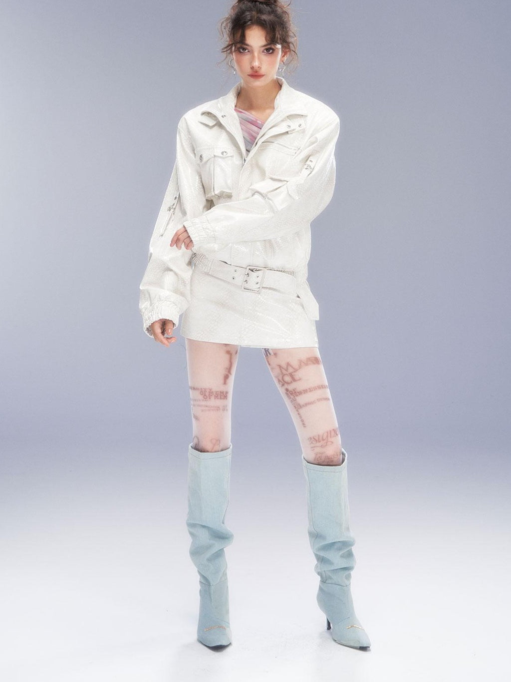 Tut tuto Distressed Pocket Biker Jacket Women's Pu Hip Hugging Matching Skirt Sets