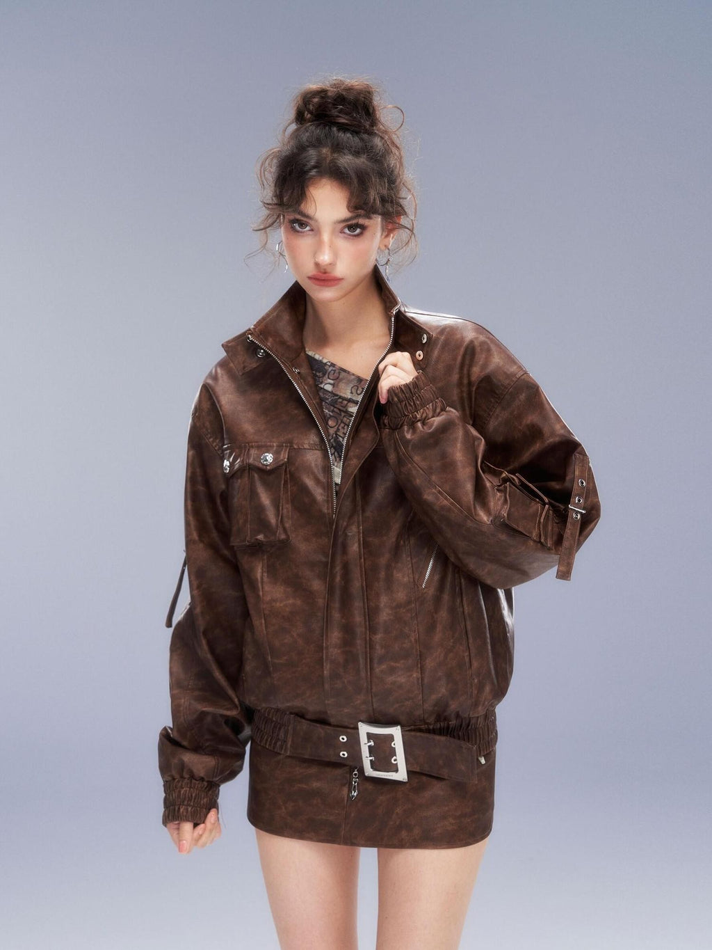 Tut tuto Distressed Pocket Biker Jacket Women's Pu Hip Hugging Matching Skirt Sets