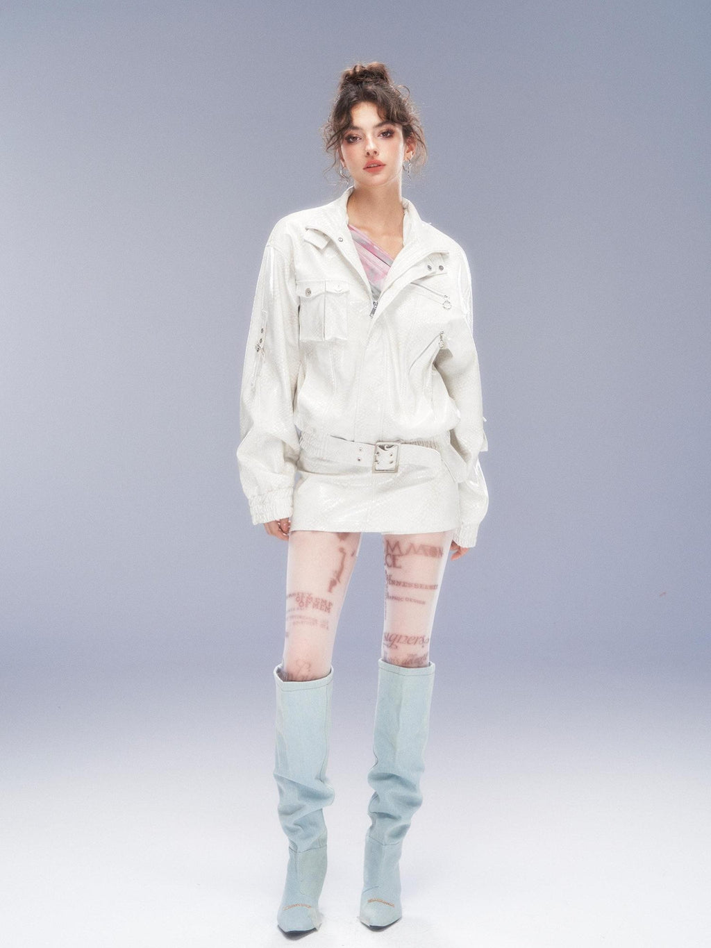 Tut tuto Distressed Pocket Biker Jacket Women's Pu Hip Hugging Matching Skirt Sets