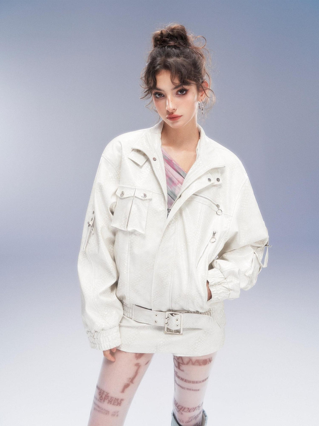 Tut tuto Distressed Pocket Biker Jacket Women's Pu Hip Hugging Matching Skirt Sets